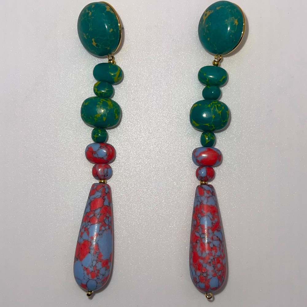 Lele Sadoughi Green, and pink colored Copacabana dangle linear earrings.